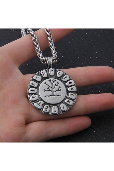 Viking Yggdrasill Scandinavian Mythology Patterned - 316L Necklace with Runic Lettering