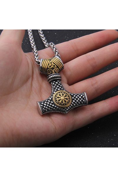 Viking Thor Mjollnir Vegvisir Triquetra Detailed 316L Steel Necklace