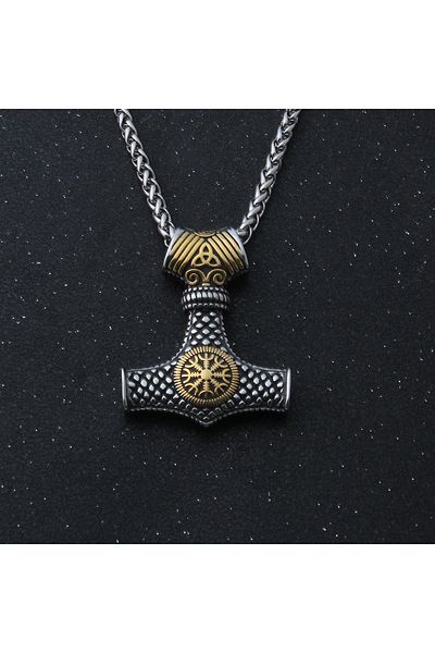 Viking Thor Mjollnir Vegvisir Triquetra Detailed 316L Steel Necklace
