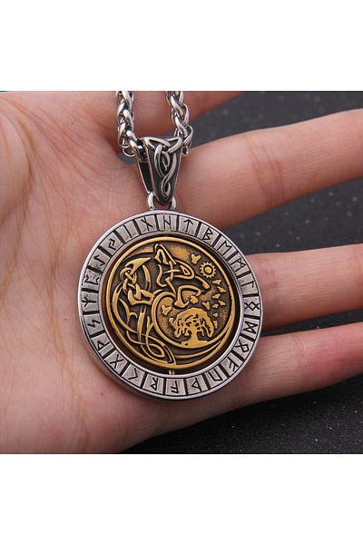 Viking Odin Back and Freki Design - 316L Necklace with Rotating Mechanism and Runic Lettering