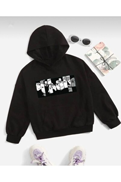 Topçu Anime çoklu karakteri baskılı kapüşonlu sweatshirt
