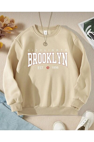 Topçu Krem Brooklyn Baskılı Unisex Sweatshirt