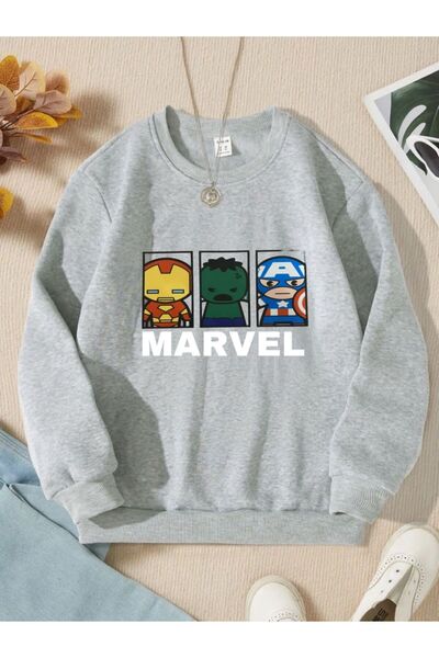 Topçu Gri Marvel Baskılı Çocuk Sweatshirt