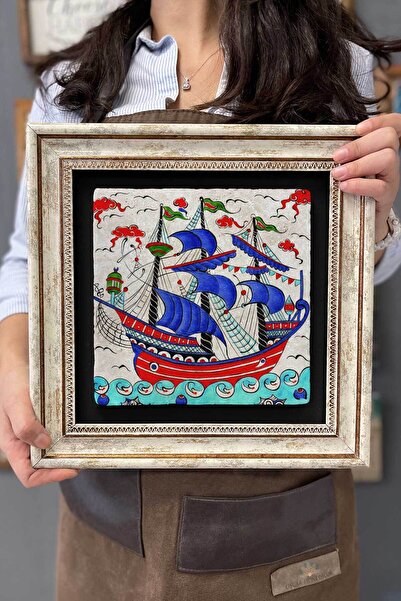 FİNS STONE DECOR Çerçeveli Tablo Taş Duvar Dekoru 30 X 30 Cm Çini Seramik Gemi