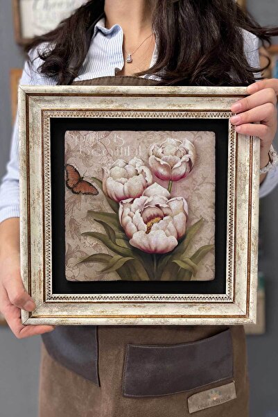 FİNS STONE DECOR Çerçeveli Tablo Taş Duvar Dekoru 30 X 30 Cm Kelebek Ve Çiçekler