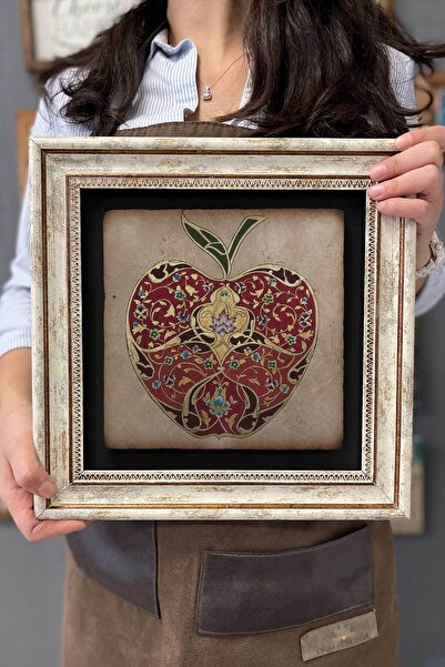 FİNS STONE DECOR Çerçeveli Tablo Taş Duvar Dekoru 30 X 30 Cm Eskitme Çizim Elma