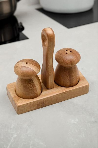 Digithome Bamboo Stand Mini Mushroom Salt Chili Set Brown - G/10 C1-1-289