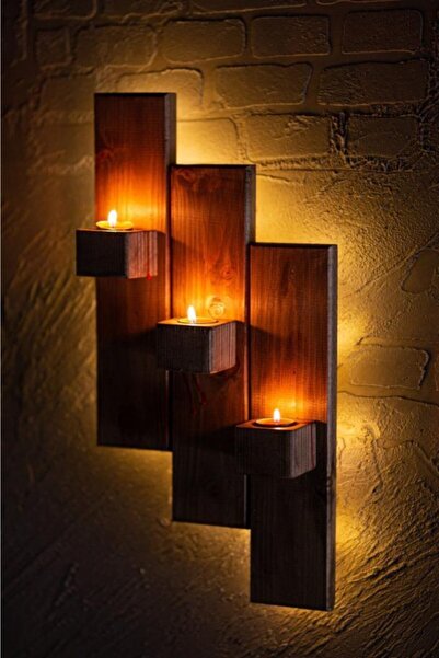 Merkezav Dekoratif Duvar Süsü Doğal Ahşap Mumluk Hediyelik Led Işıklı Duvar Süsü