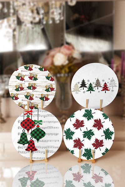 Realhomes 4-Piece Plaid Motif Bell & Leaf Designed Placemat & Plate