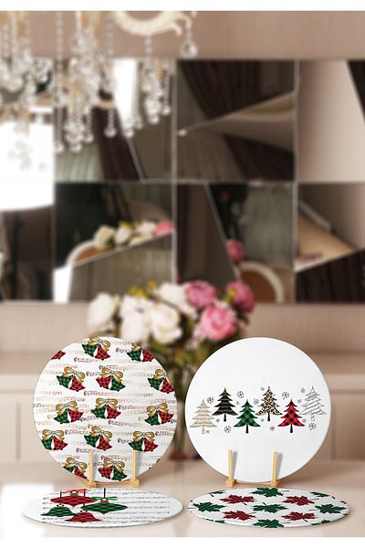 Realhomes 4-Piece Plaid Motif Bell & Leaf Designed Placemat & Plate
