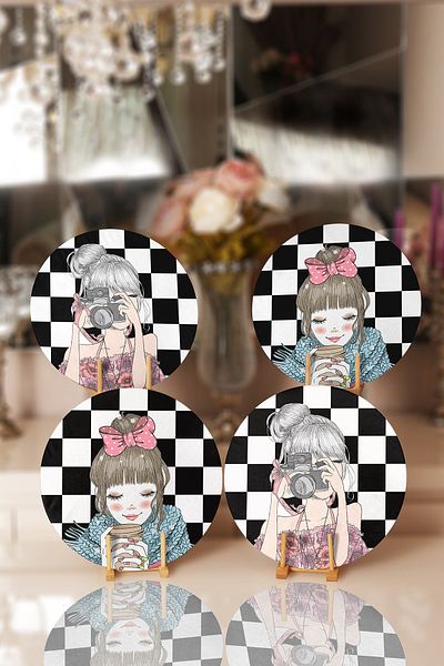 Realhomes 4-Piece Checkerboard Backdrop Girl Taking & Drinking Coffee Designed Placemat and Supla