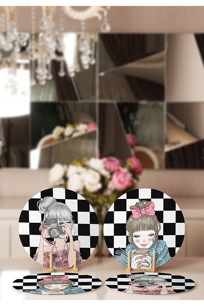 Realhomes 4-Piece Checkerboard Backdrop Girl Taking & Drinking Coffee Designed Placemat and Supla