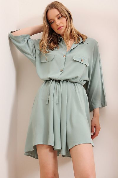 Trend Alaçatı Stili Mintgrünes Safari-Webhemdkleid für Damen ALC-X6196