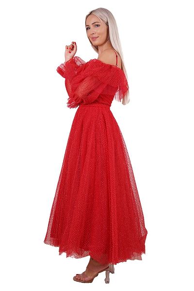 SpringStore Rochie de seara rosie fara bretele argintii
