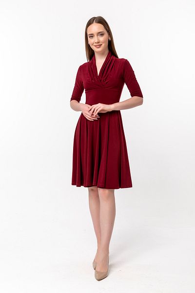 Laranor Burgundy Double Breasted Collar Detail Flared Dress