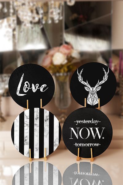 Realhomes 4-Piece Black Floor Placemat with Marble Design