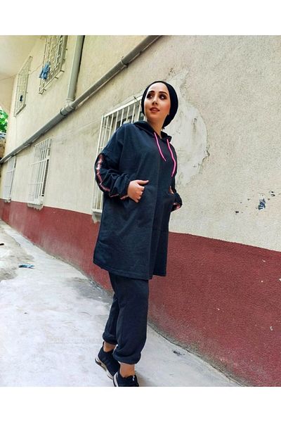 CNG MODA Hijab Anthracite Pink Highlighter Tracksuit Set