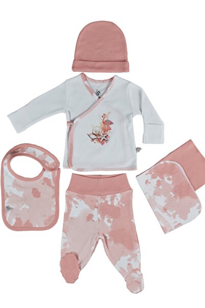 Ecocotton Rosa Kız Bebek Zıbın Seti 5'li Beyaz-somon 0-3 Ay