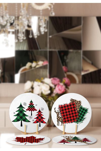 Realhomes 4-Piece Pine Tree Design Plaid Motif Placemat & Placemat