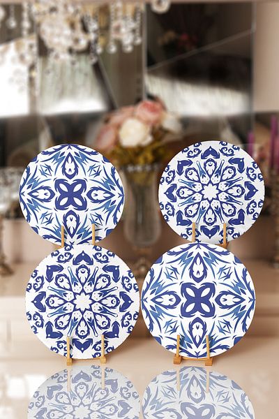 Realhomes 4-Piece Blue Tile Art Designed Placemat & Plate