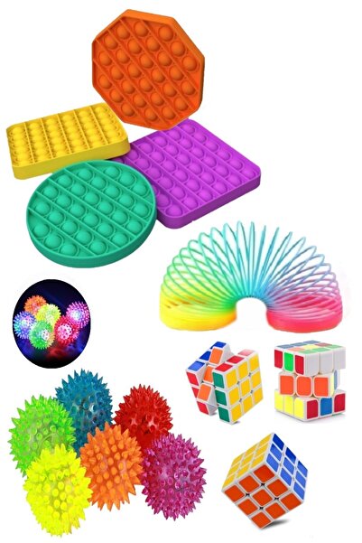 RoseRoi Stres Giderici Set 1 Popit 1 Zeka Küpü 1 Stres Yayı 1 Işıklı Dikenli Stres Topu