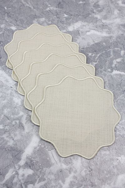 WEARE2 Beige Colored Floral Embroidered Linen Effect Set of 6 Cocktail Napkins