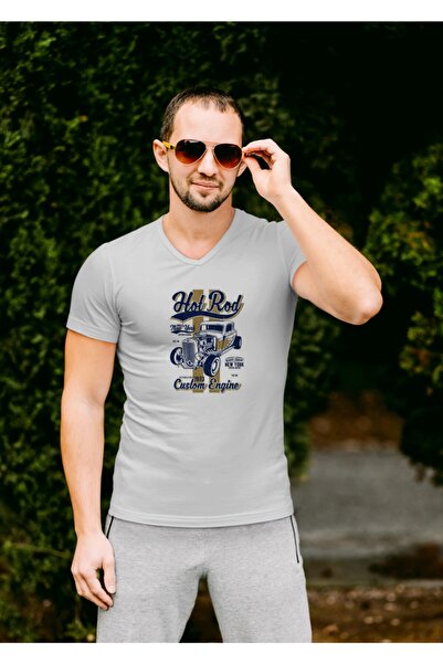 Raf Coll Tricou unisex gri simplu cu decolteu în V Slim Fit, imprimat digital