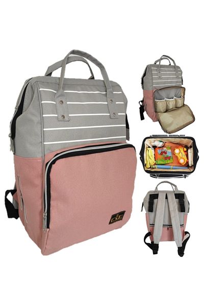USF Baby Care Bag Mother Baby Care Backpack Striped Light Gray Pink