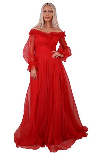 SpringStore Rochie de seară cu mânecă cu balon cu volane roșii