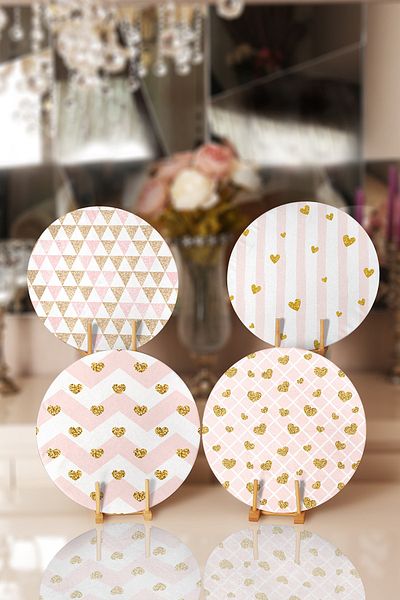 Realhomes 4-Piece Pink & Gold Detailed Heart Designed Placemat & Supla