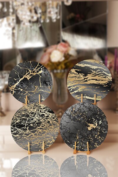 Realhomes 4'lü Siyah & Gold Mermer Tasarımlı Servis Altlığı & Supla