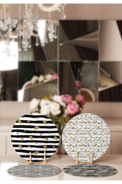 Realhomes 4-Piece Black and White Striped Gold Leaf Leaf Design Placemat & Supla