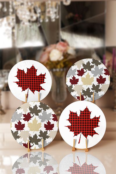 Realhomes 4-Piece Plaid Drawing Leaf Motif Placemat & Supla