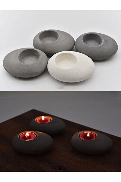 Genel Markalar Ada Taş Görünümlü Beton 7 Adet Mumluk Beton Taş Mumluk Siyah, ...