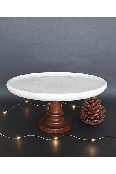 Panoramas Home Natural Marble Pastry Cake Stand with Wooden Legs