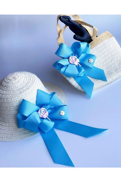 QUEEN AKSESUAR Custom Design Luxury Girl's Straw Hat Beach Bag Suit Set Turquoise Blue Rainbow Lollipop with Bow