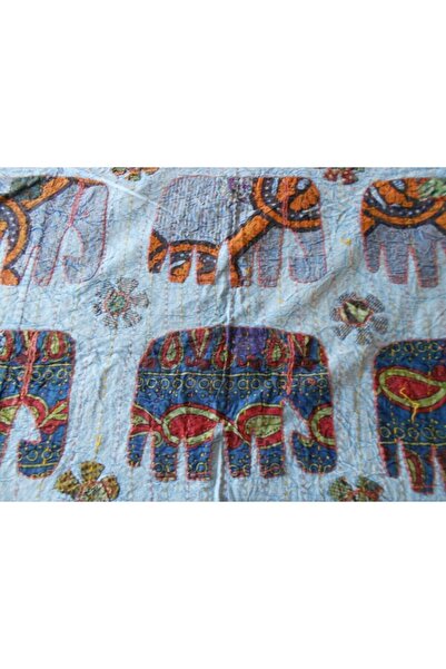 Butik Tülin Otantik Viskoz Mavi Taşlama Çok Renkli Fil Aplikeli Iki Kişilik Yatak Örtüsü