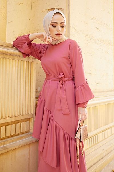 festmoda Women's Pink Asymmetric Ruffle Detailed Dress