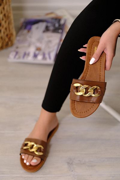 Oksit Benita Damen-Hausschuhe mit goldener Kettenschnalle und detaillierten Details