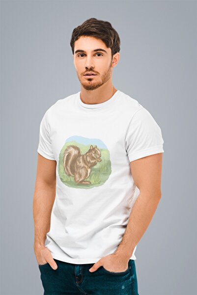 Erkek Beyaz Sincap Baskılı Standart T-shirt T4365973