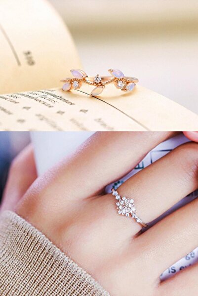 Sahira Jewelry Kadın Beyaz Rose Altın Taşlı Sarmaşık Ve Kar Tanesi 2li Set 14...