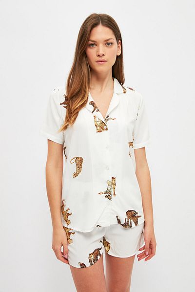 Trendyol Collection White Tiger Print Woven Pajama Set with Viscose Shorts Thmss21Pt1501