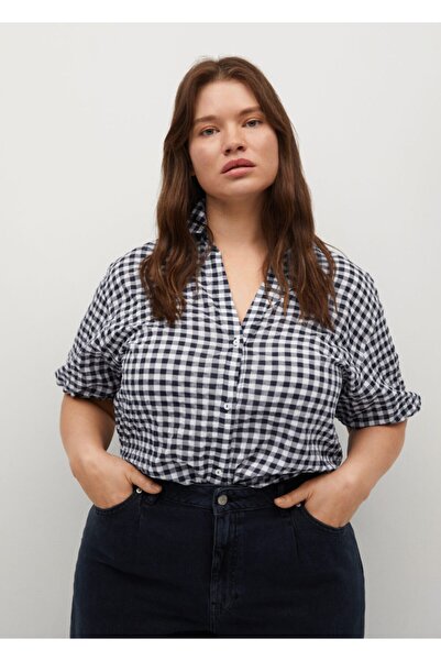 MANGO Woman Γυναικείο πουκάμισο από βαμβακερό navy blue Gingham