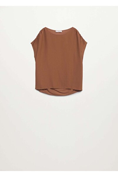 MANGO Woman Γυναικείο T-Shirt καφέ Gathered Shoulders