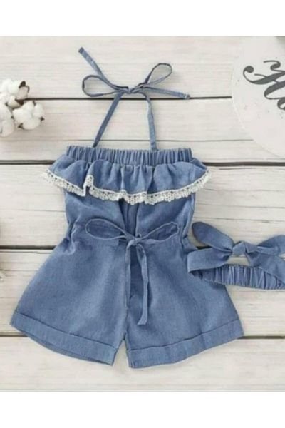 Lolababy Fata - Salopeta Bandana Volanata cu Detaliu Dantela Denim