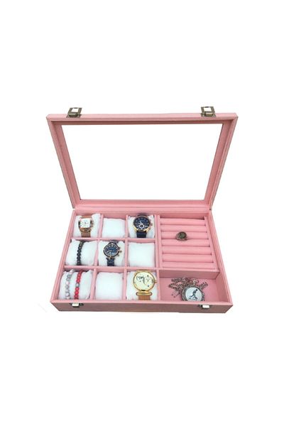 IMPALA Watch + Ring + Cufflink + Glasses Multi-Purpose Jewelry Box Suede Pink Coating on Wooden Case