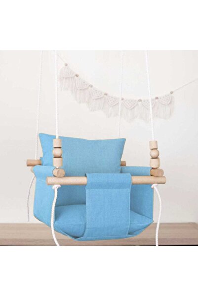 mammoly Ahşap Çift Yastıklı Mavi Bebek&çocuk Ev Salıncağı, Tavan Salıncağı, B...