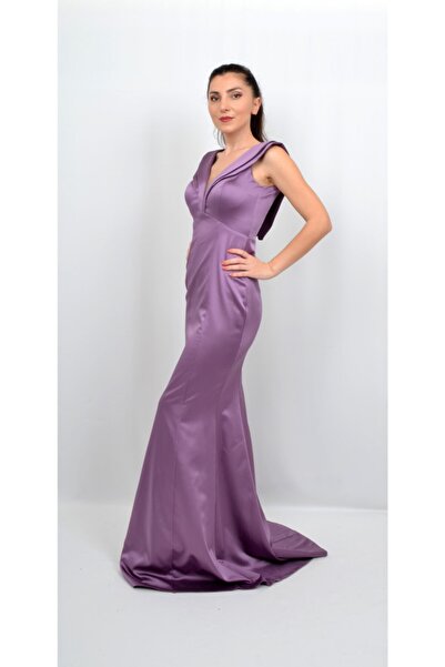 ALİS DRESS Lavanta Rengi Çift Yakalı Saten Abiye