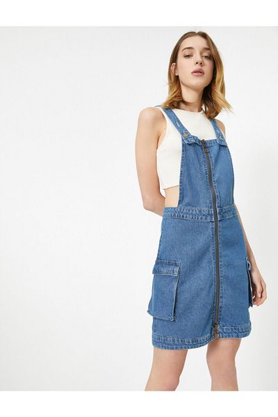 Koton Damen-Jeans-Jumpsuit mit Reißverschluss, Riemchendetails und Taschendetail