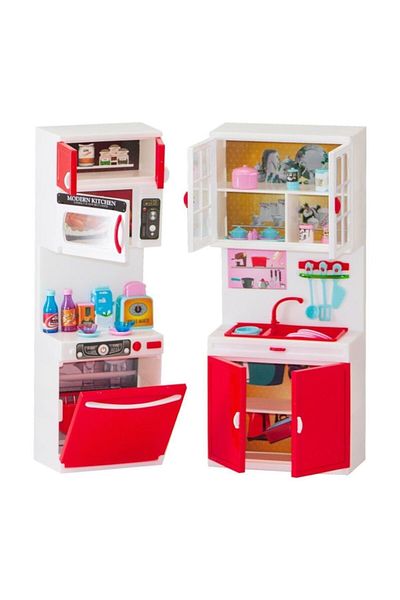 Kayyum Oyuncak MODERN KITCHEN RED WHITE COLORED LIGHTED SOUND 2-Piece KITCHEN SET WITH LAVOBE